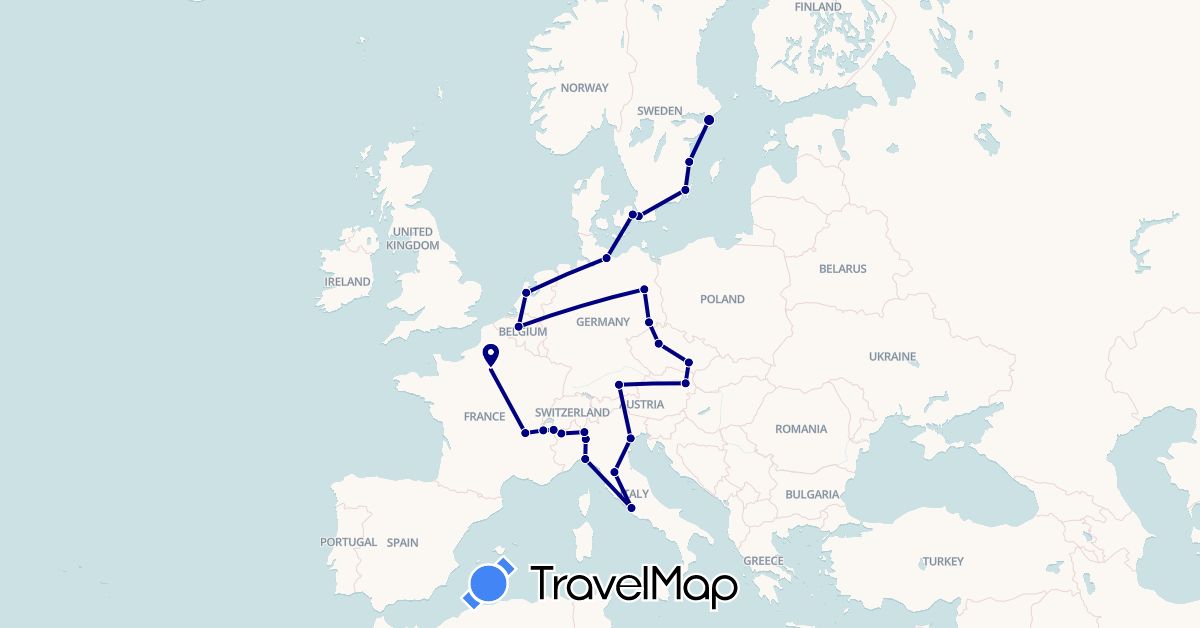 TravelMap itinerary: driving in Austria, Belgium, Czech Republic, Germany, Denmark, France, Italy, Netherlands, Sweden (Europe)